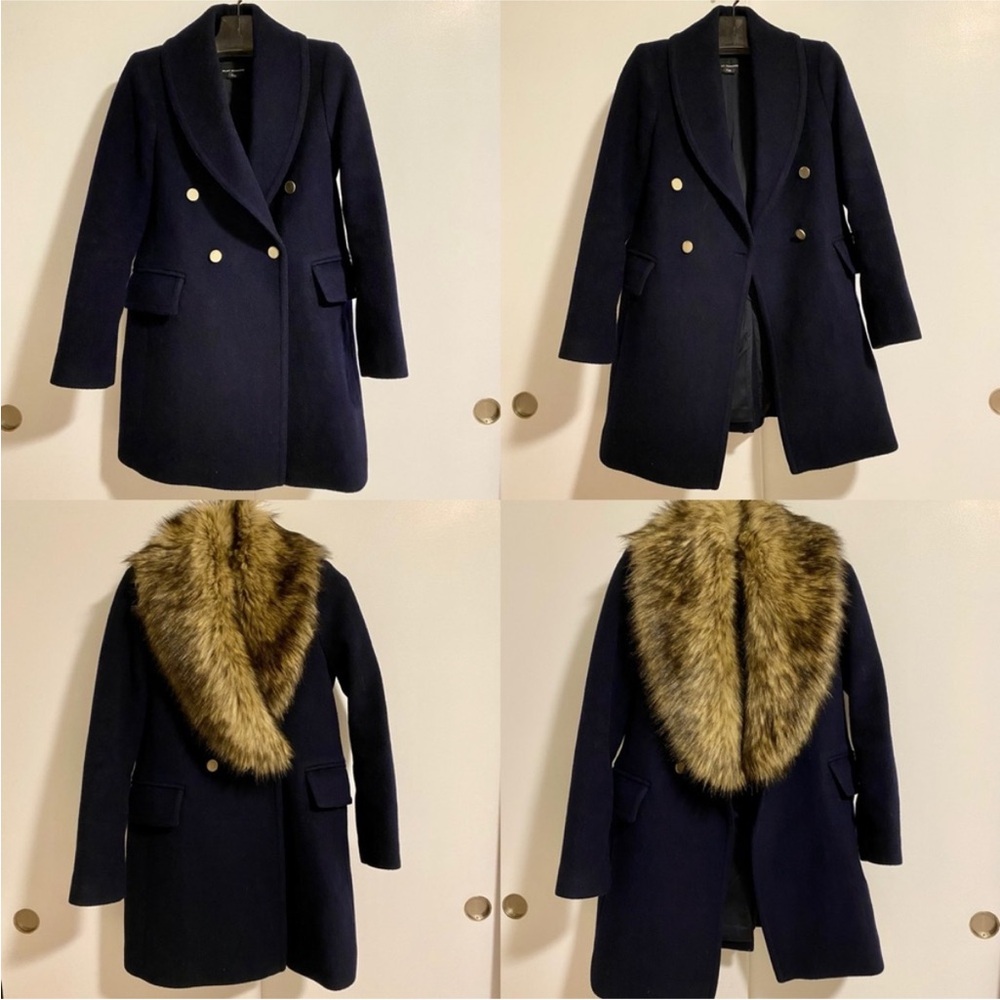 Club Monaco navy wool coat with removable fur collar